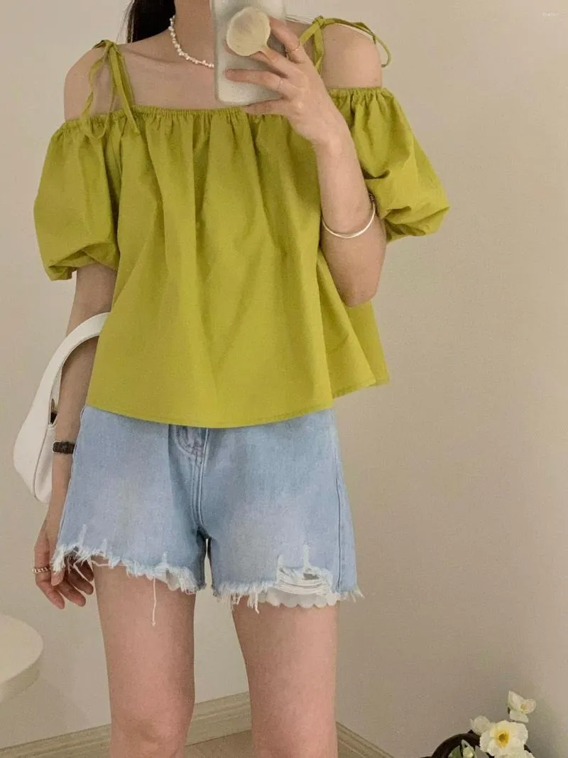 Women's T Shirts South Korea Dongdaemun Ins Peach Powder Shoulder Strap Shirt Women Loose Short Puffy Sleeve Top Gentle And Sweet