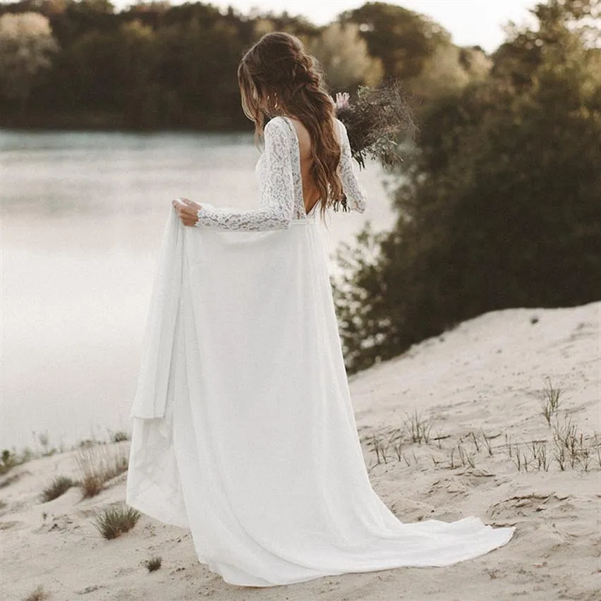 Nouvelle plage robe de mariée manches longues Boho col en V dos ouvert robes de mariée 2019 mousseline de soie dentelle robe de mariée novias286T