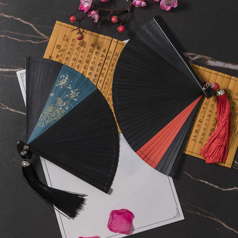 Produtos de estilo chinês 18cm leque dobrável chinês feito de haste de bambu puro leque de dança de alta qualidade com borla elegante leque feminino