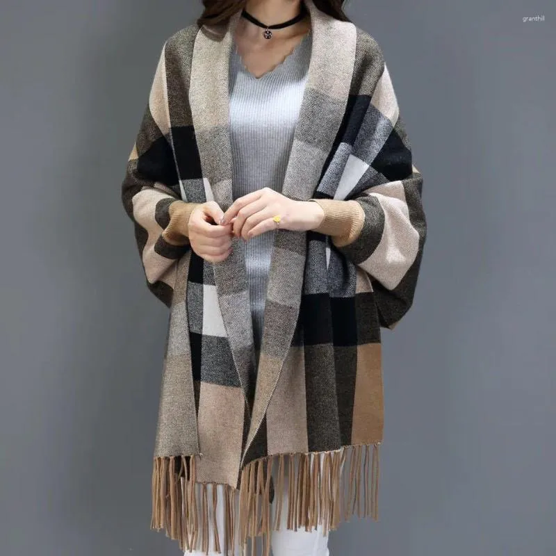 Scarves Women Autumn Striped Cloak Female Long Sleeves Cape Outside Street Wear Winter Knitted Plaid Cardigan Vintage Tassel Shawl Coat