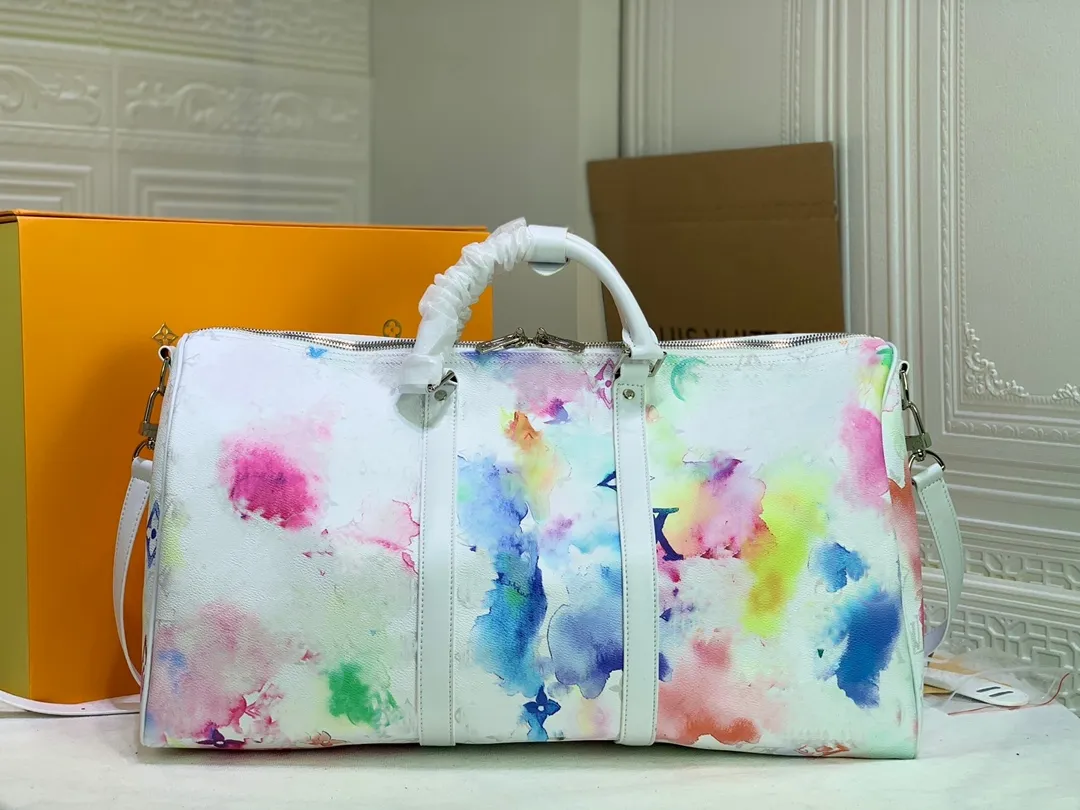 Bolsos de lona de marca de lujo para mujer, bolsos con gradiente de letras grandes de acuarela renderizada blanca, bolsos de hombro para parejas, Totes Keepall 50, bolsa de viaje, bolsa de gimnasio para hombre, bolsas de fitness