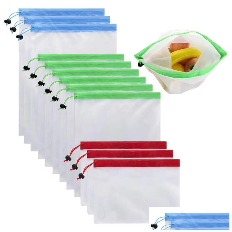 Borse di stoccaggio 12Pcs Mesh riutilizzabile Produrre Dstring Bag Pouch Per frutta Verdura Negozio Drogheria Imballaggio Drop Delivery Giardino domestico Housekee Otx9O