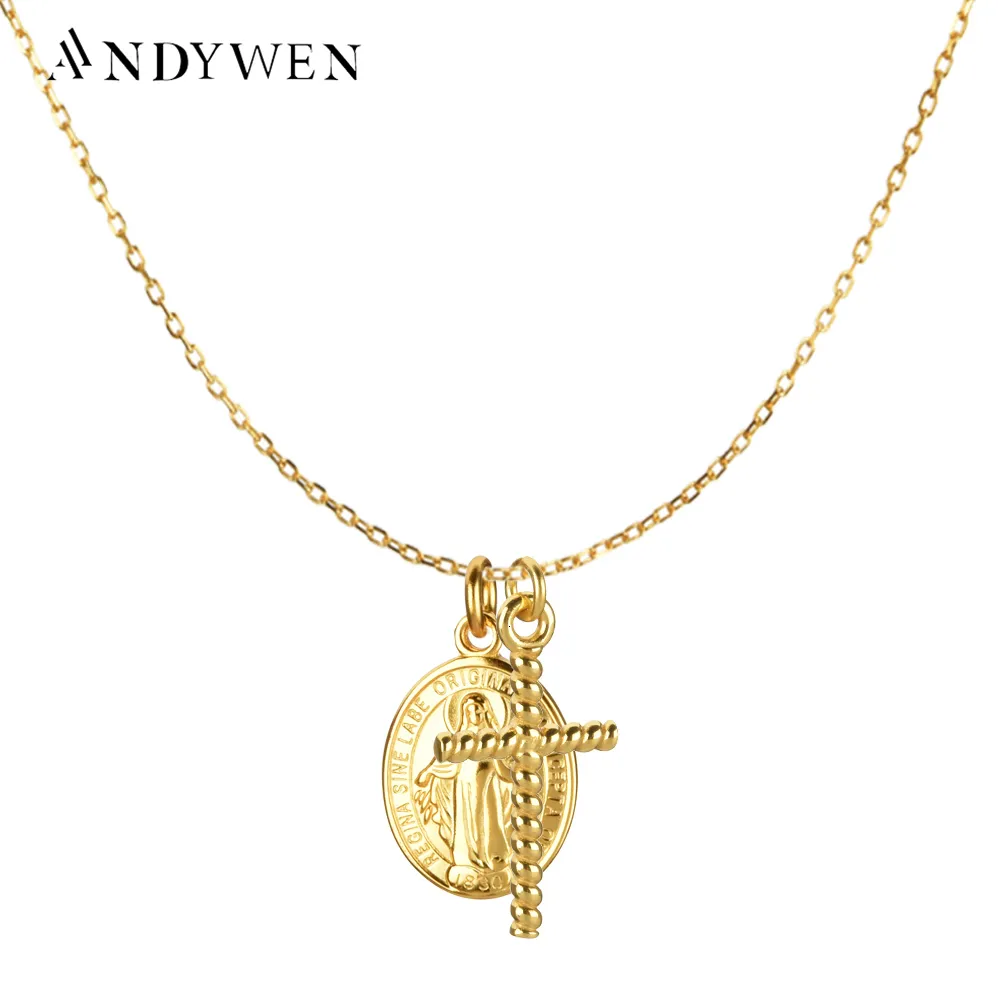 Strands Strings ANDYWEN 925 Sterling Silve Gold Cross Oval Double Pendent Long Chain Necklace Collar European Rock Punk Thicker Big Jewelry 230729