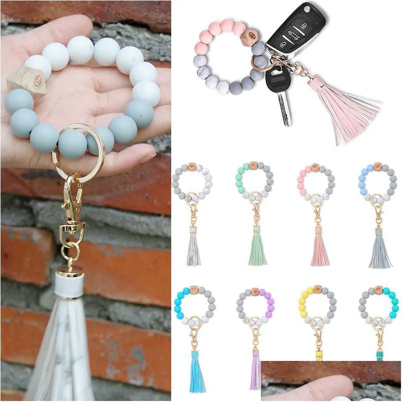 Keychains lanyards trä tofs pärla sträng armband nyckelring mat klass sile pärlor armband kvinnor tjej nyckel ring handled rem Beade otj3m