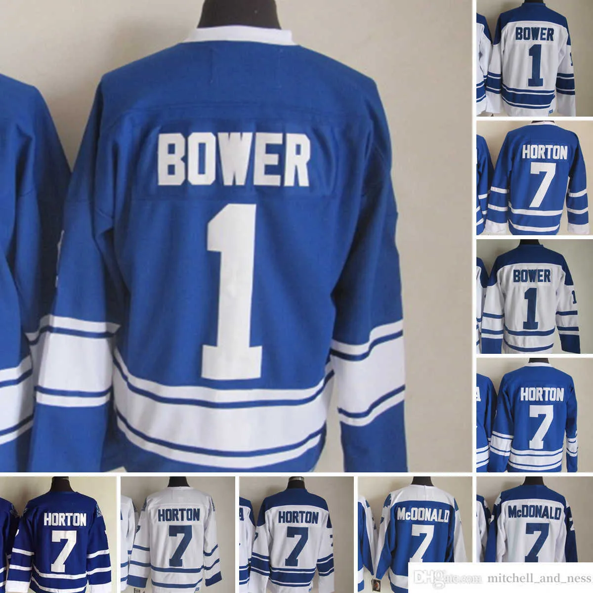 1980 영화 빈티지 하키 1 Johnny Bower Jerseys CCM 자수 7 Tim Horton Jersey White Blue Green Retro for Man