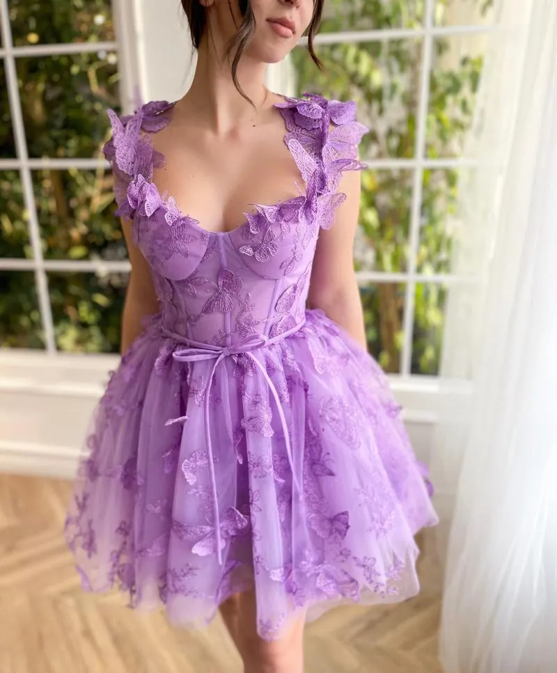 Robes de soirée Violet 3D Papillons Cocktail Pour Les Adolescentes Filles Mini Tulle Robe De Bal Puffy Ball Robes Femmes Backelss Robe Soirée