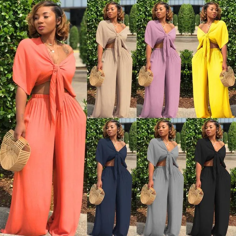 Women's Two Piece Pants Women Sexy 2 Outfits Deep V Neck Tied Front Crop Tops Wide Leg Set Tracksuit Jumpsuits Romper Sets With Pockets