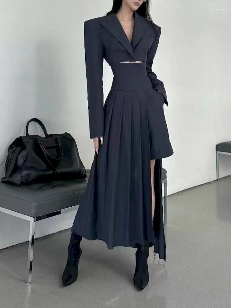 Deux pièces robe UNXX 2023 élégant coréen mode décontracté femme revers costume Vintage Blazer asymétrique plissé jupe deux pièces femmes bureau dame