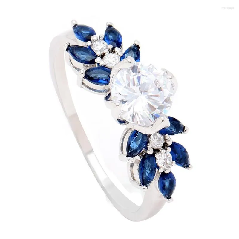Cluster Rings Hainon Fashion Flower Party Engagement Blue Cubic Zirconia Luxury Leaf Wedding Jewelry Birthday Gift