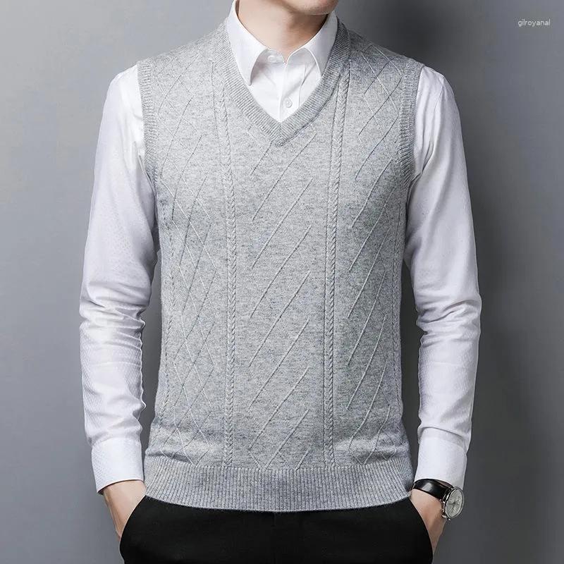 Men's Vests Autumn And Winter Inner Woolen Vest V-neck Solid Color Casual Loose Knit Pullover Sweater