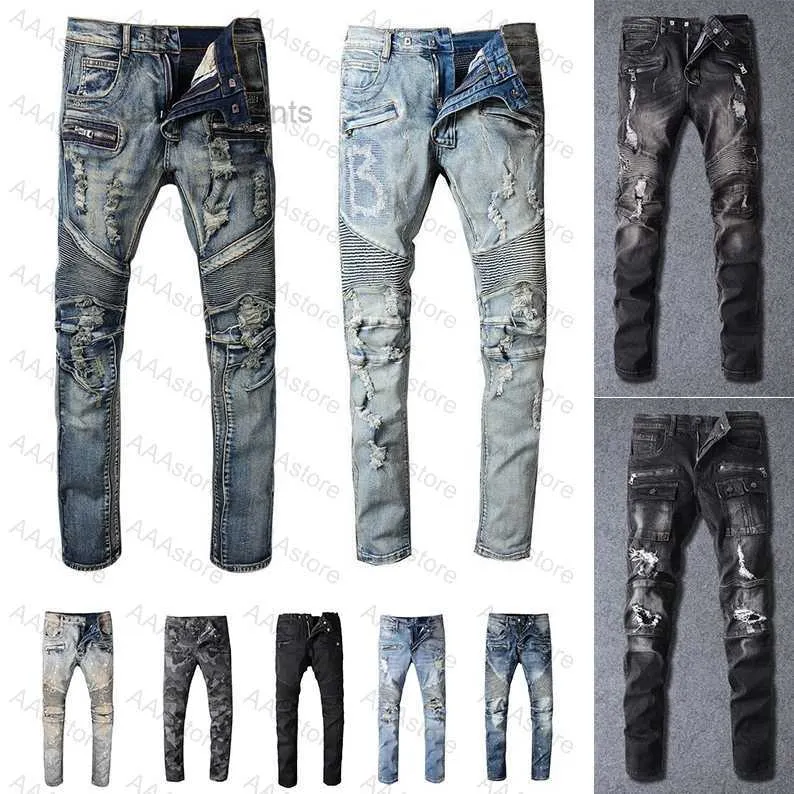 Kot yırtık bisikletçiye ince fit denim erkekler moda siyah pantolon hommes 6a3b dökmek