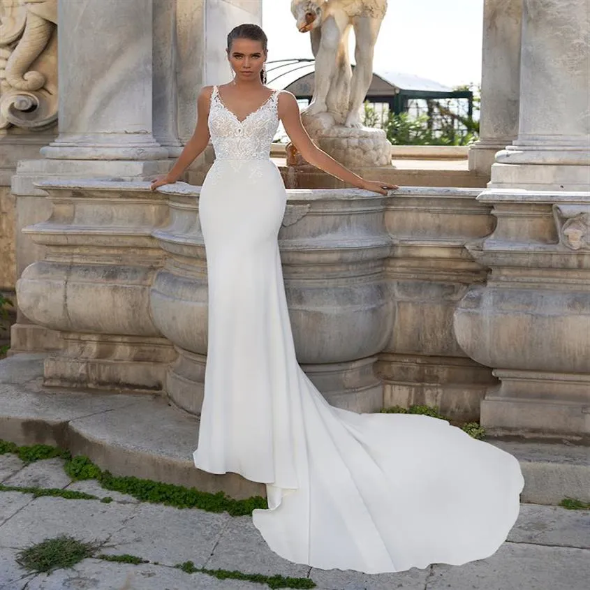 2021 New Double V-neck Mermaid Wedding Dress Bohemian Court Train Lace Bridal Gown Vestido de Novia245n