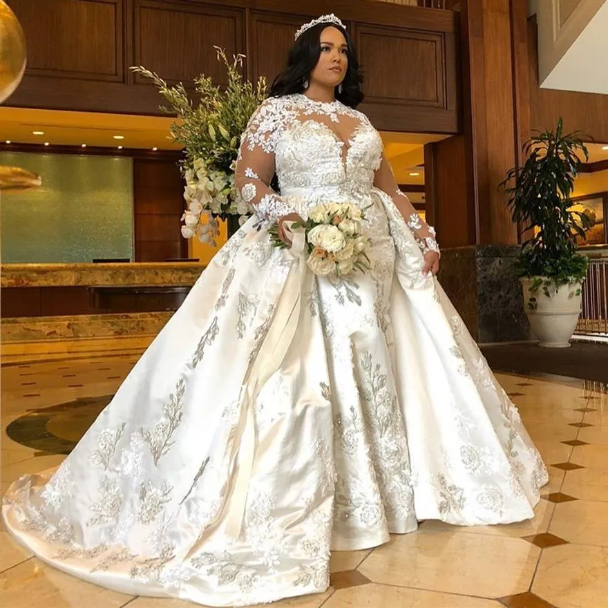 Plus Size Mermaid Long Sleeves Wedding Dresses Jewel Neck Beaded Bridal Gowns With Detachable Train Appliqued Trumpet Satin robe d229b