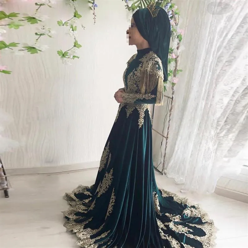 Vestidos de noiva muçulmanos linha A verde escuro com miçangas, borla, renda dourada, árabe, turco, vestidos de noiva, trem de varredura, roupões de cetim de mariee289q