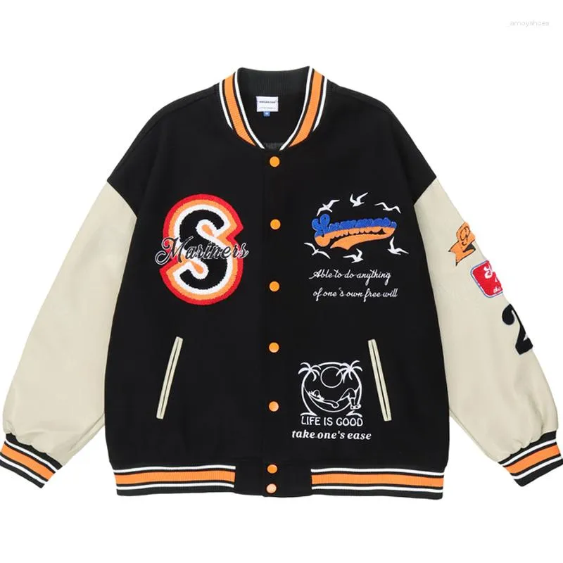 Men's Jackets Men Embroidered Varsity Jacket Hip Hop Loose Woman Pu Leather Sleeve Baseball Coats Fall Couple Patch Retro Brown Bomber