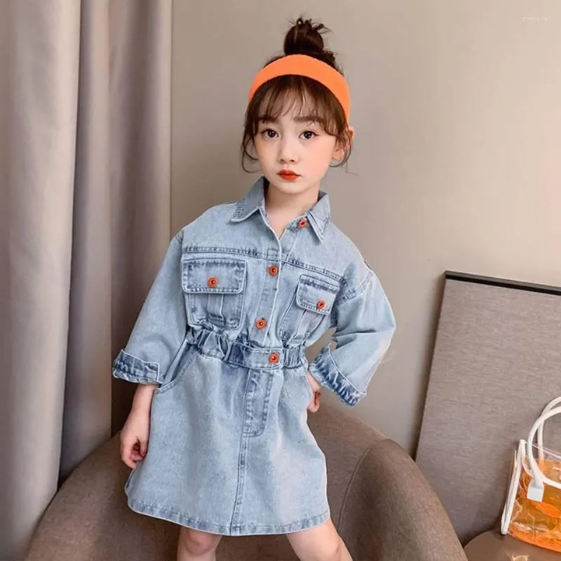 Vestidos de menina 2023 marca infantil criança vestido jeans jeans bolso manga longa camisa solta mini roupas da moda 3T-12 anos