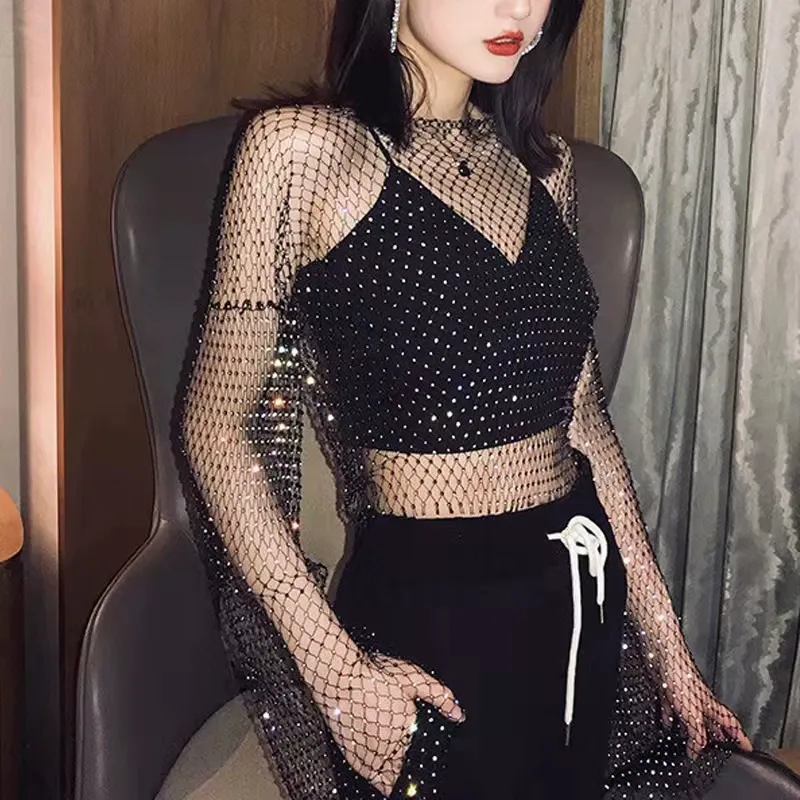 Balbala Women's Mesh Body Chain Rhinestone Long Sleeve Crystal See-Through  Cover-Up Crop Top Fishnet