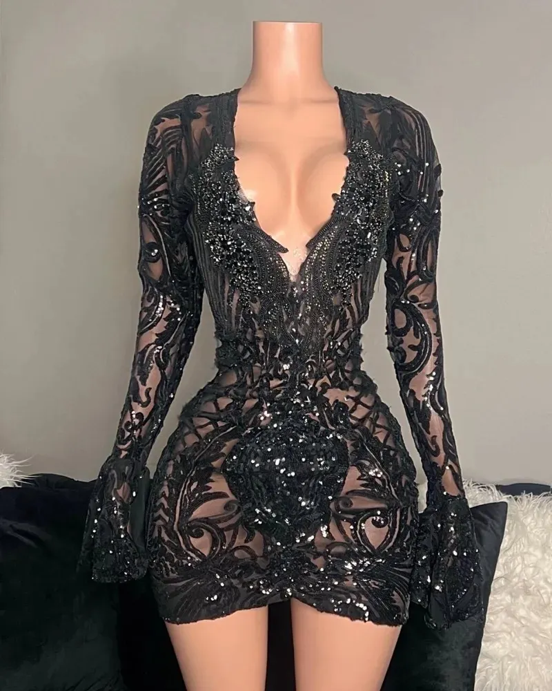 Sexy Little Black Prom -jurken Lange mouwen lovertjes lovertjes verjaardagsfeestjes jurken kralen Korte Vestidos de Gala Para