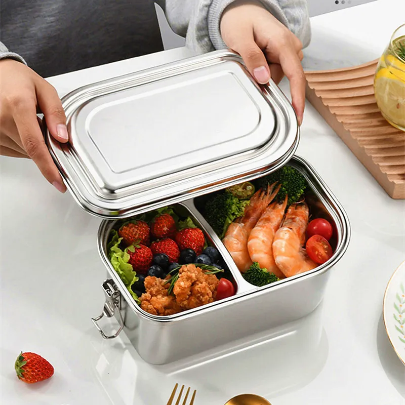 Scatole per il pranzo Bento Box in acciaio inossidabile 304 per bambini Griglie portatili a 2 strati Contenitori per alimenti da cucina sigillati Stoviglie scolastiche 230731