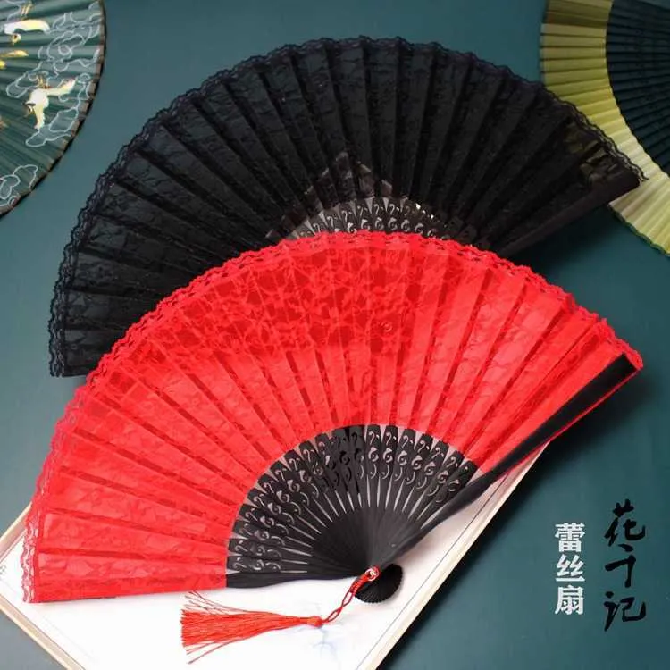 Éventail pliant en dentelle de 23cm, produits de Style chinois, éventail de danse espagnol, Style chinois, rouge, noir, défilé de célébrité, artisanat