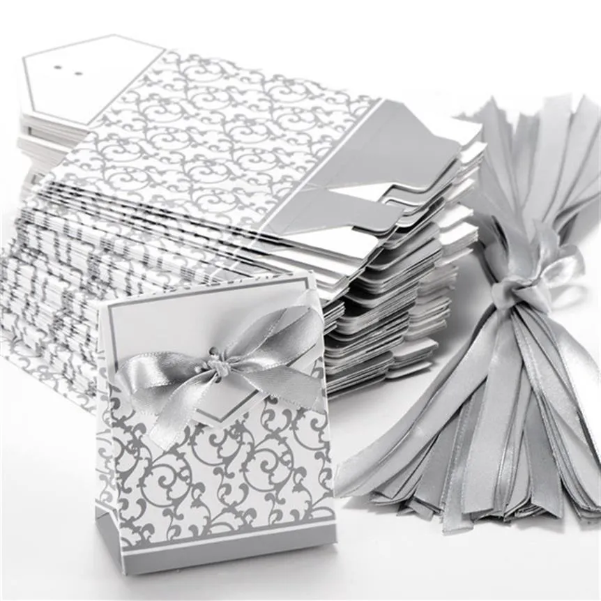 Ribbon Wedding Candy Paper Box Creative Golden Silver Ribbon Wedding Favours Party Gift Candy Paper Box 10 Pcs Boxes Candies Favou2116