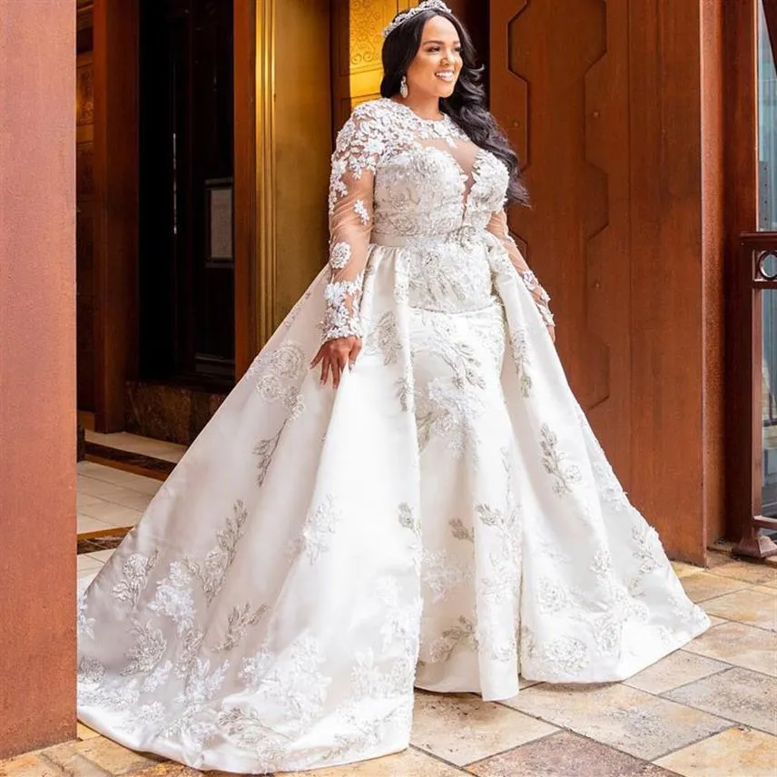 Fabuloso plus size vestidos de noiva de renda sereia com trem destacável decote em joia frisado mangas compridas vestidos de noiva tule vestido de266f