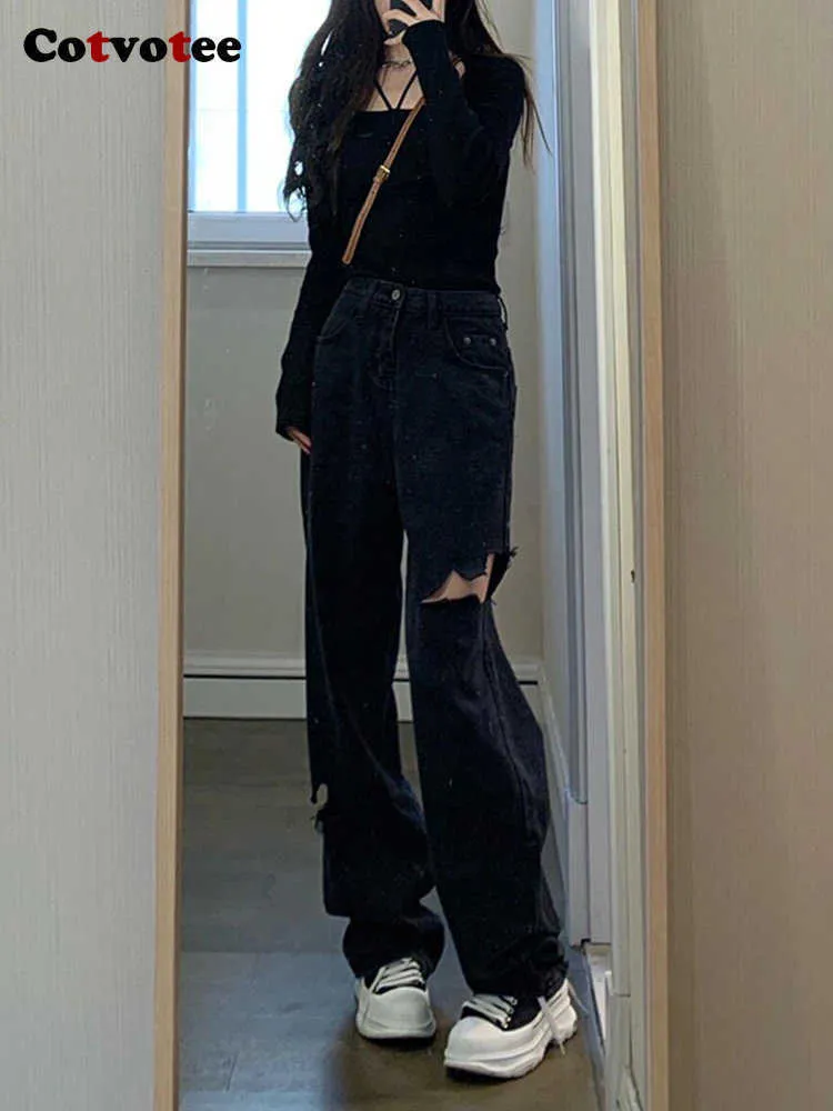 Y2K Baggy Black Jeans & Ripped Pants Hollow Out High Waist