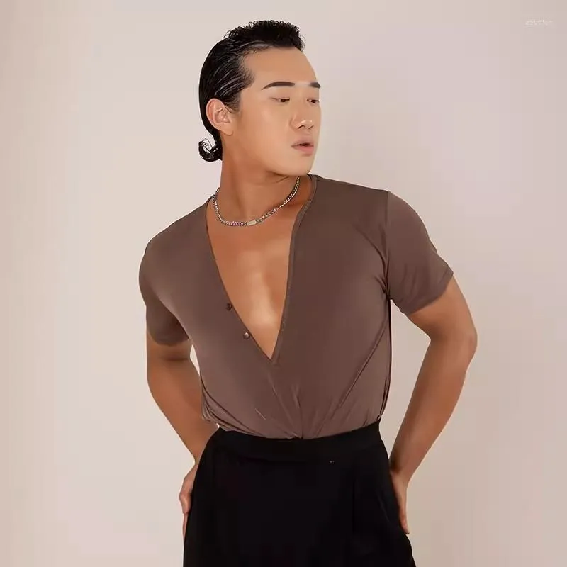 Bühne Tragen Männliche Latin Dance Kleidung Kurzen Ärmeln Tops V-ausschnitt Praxis Kleidung Männer Cha Ballsaal Shirts Schwarz Weiß Braun BL11199