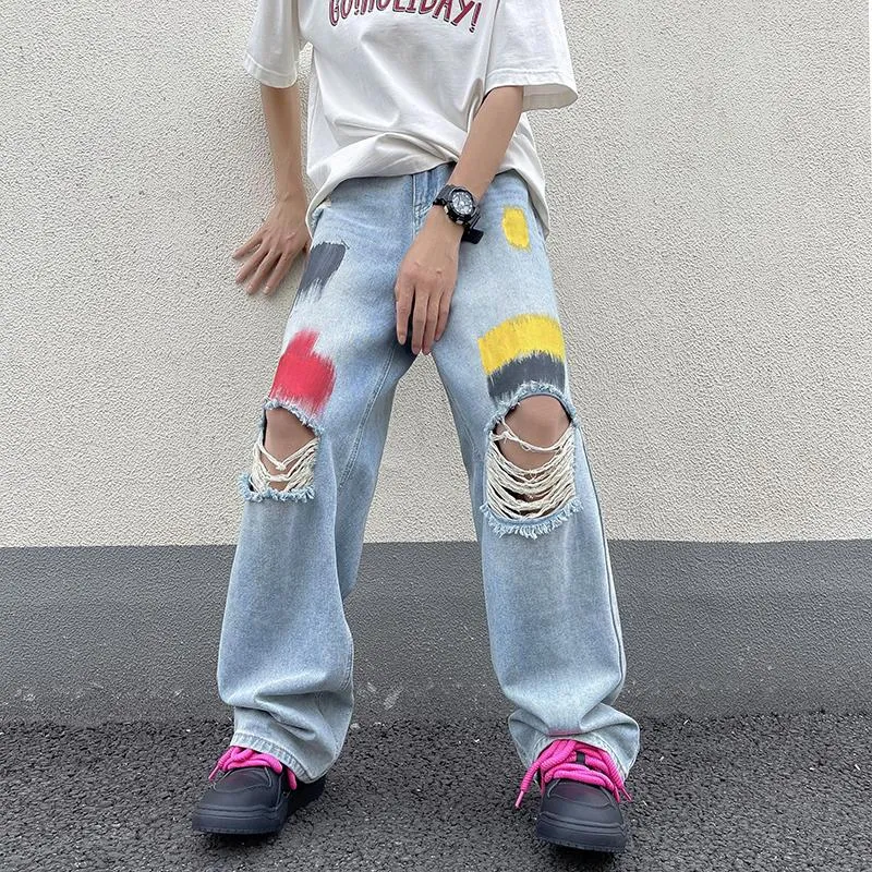 Herr jeans sommar tunt slipsfärg rippade amerikansk retro lös casual high street bred ben byxor rak ben byxor manliga kläder