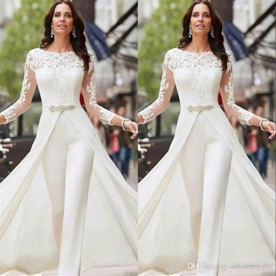 Eleganti tute bianche Pantaloni Abiti da sposa Manica lunga Raso di pizzo con gonne oversize Perline Cristalli Abiti da sposa Vestidos De Novia288R