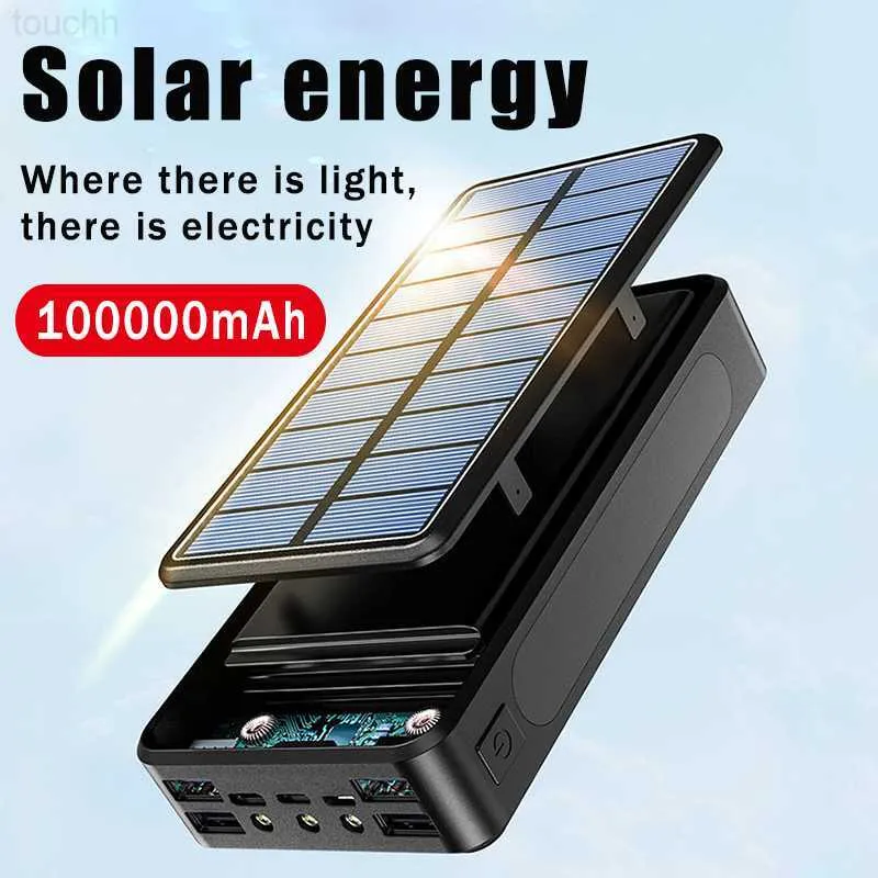 Banques de puissance de téléphone portable 100000mAh Banque d'alimentation solaire Mini batterie externe de charge rapide portable pour Iphone14 Powerbank haute capacité avec lampe de poche LED L230731
