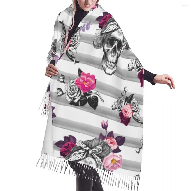 Schals Winter Quaste Schal Schädel Rosen und Aquarell Streifen Frauen Kaschmir Hals Kopf Warm Pashmina Dame Schal Wrap Bandana