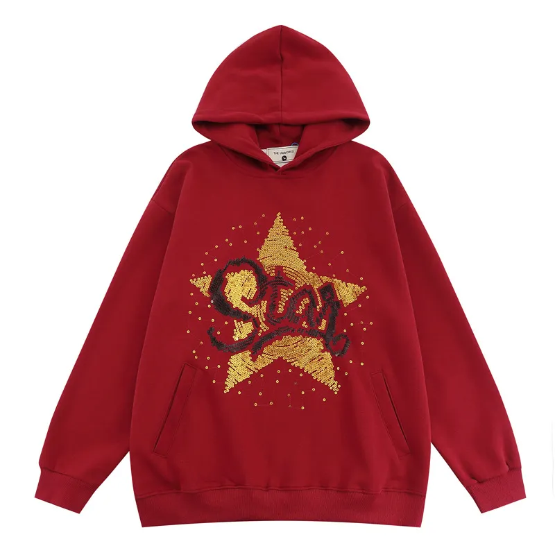 2023 Oversized Hoodie Streetwear Sweatshirt Lantejoulas Star Graphic Harajuku Moletom Outono Algodão Masculino Pulôver com Capuz Hip Hop Solto