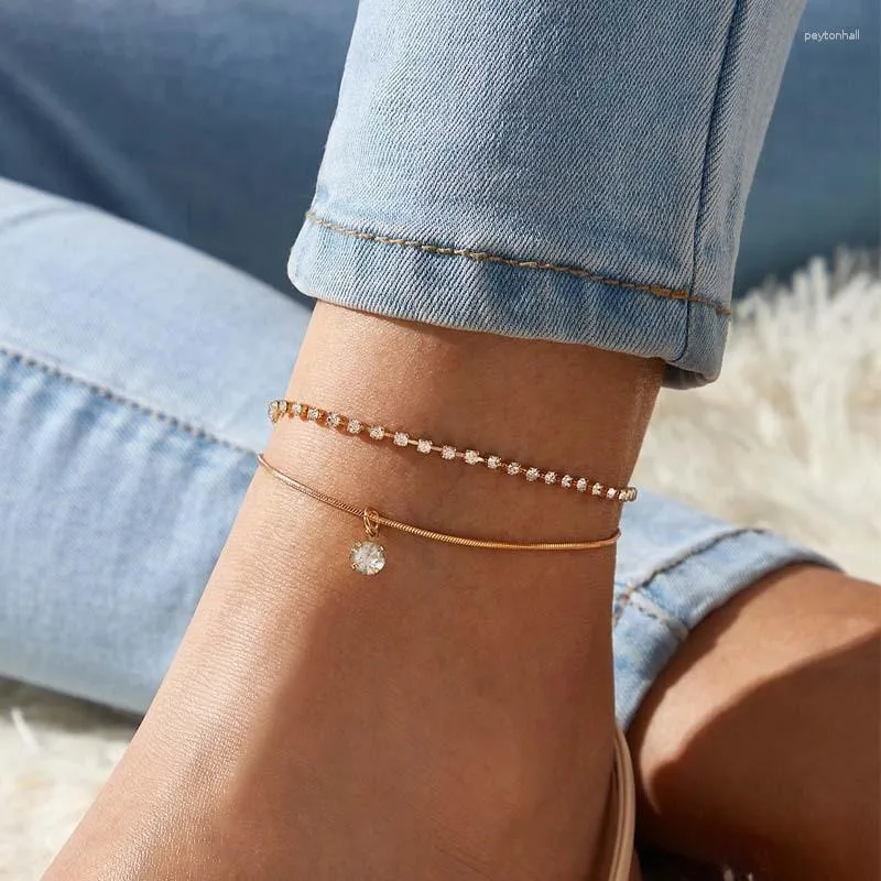 Anklets Wukalo Fashion Gold Color Crystal Anklet för kvinnor Multilayers Cubic Zirconia Armband på benfotstrandsmycken