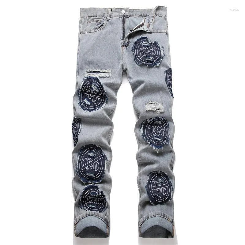 Calça jeans masculina azul punk com remendo rasgado solto cintura média perna reta jeans roupas da moda de rua