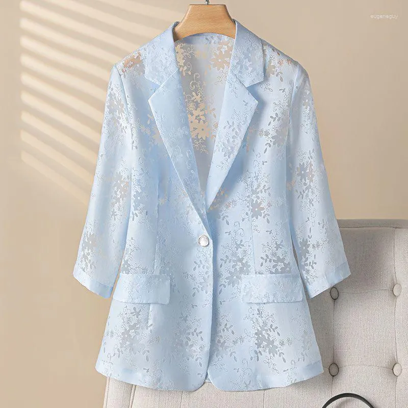 Costumes pour femmes Luxe Été Femmes Fleurs Organza Protection Solaire Blazers Manteau Floral OL Évider Gaze Costume Cardigan Demi Manches Bleu Tops