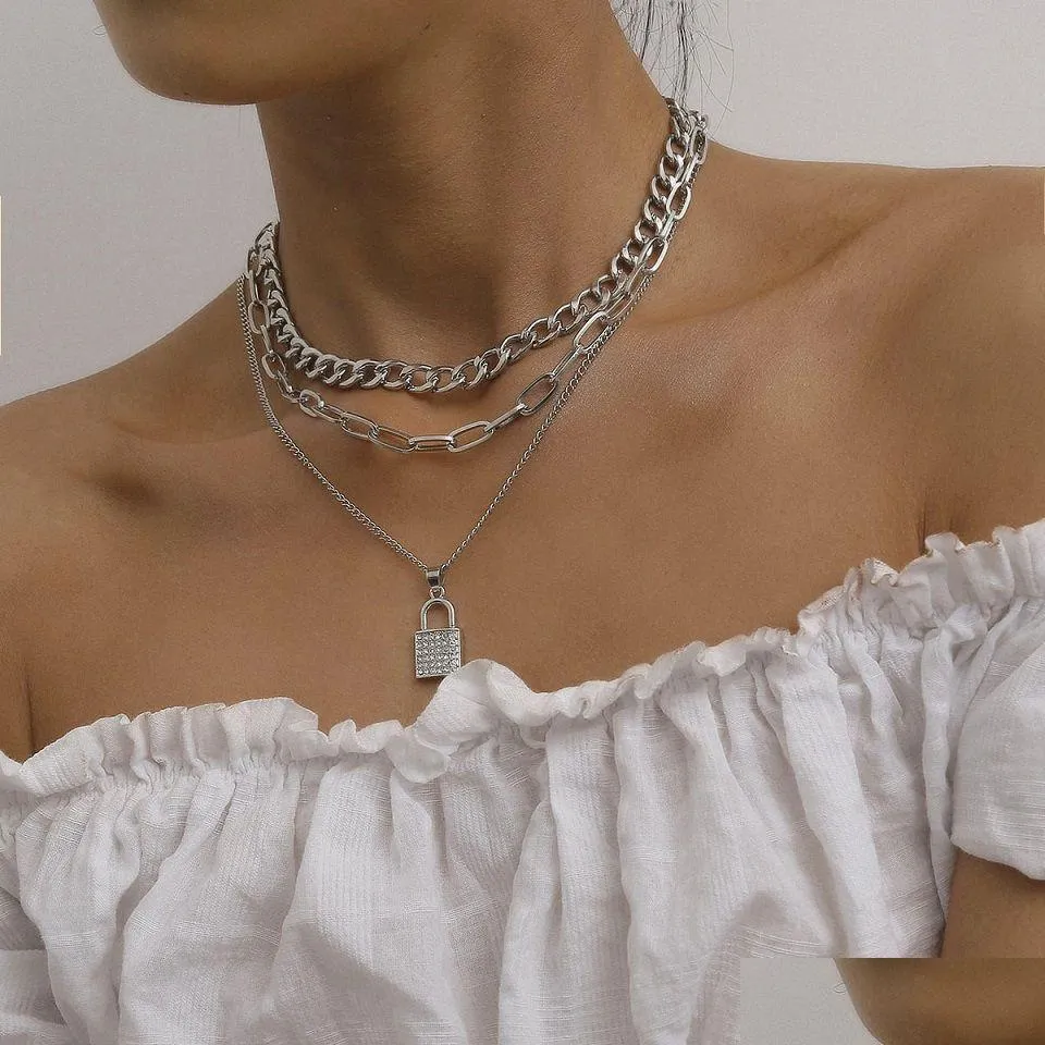 Naszyjniki wiszące moda luksusowy łańcuch warstwy MTI Link Browling Diamond Sier Sier Lock Vintage Choker Instrukcja Designer Naszyjnik dla kobiet DHDGA