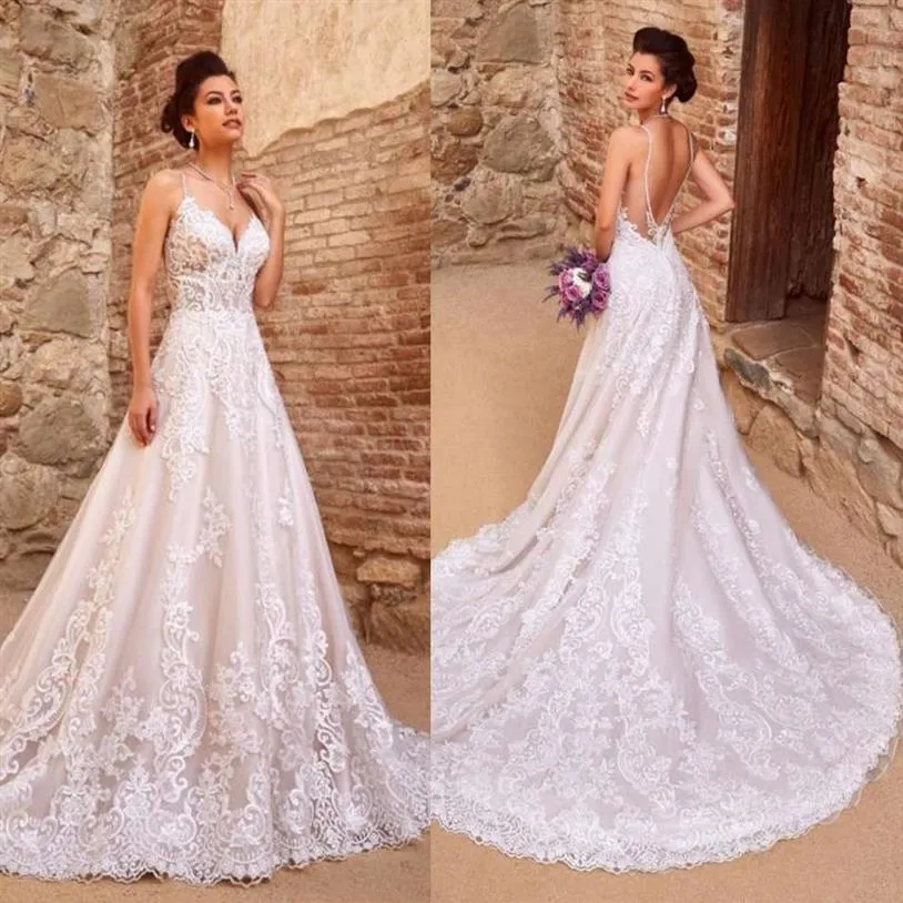 Kitty Chen 2019 Une Ligne Robes De Mariée Spaghetti Cou Dos Nu Élégant Dentelle Appliqued Robes De Mariée Balayage Train Tulle Plage Wedding284V