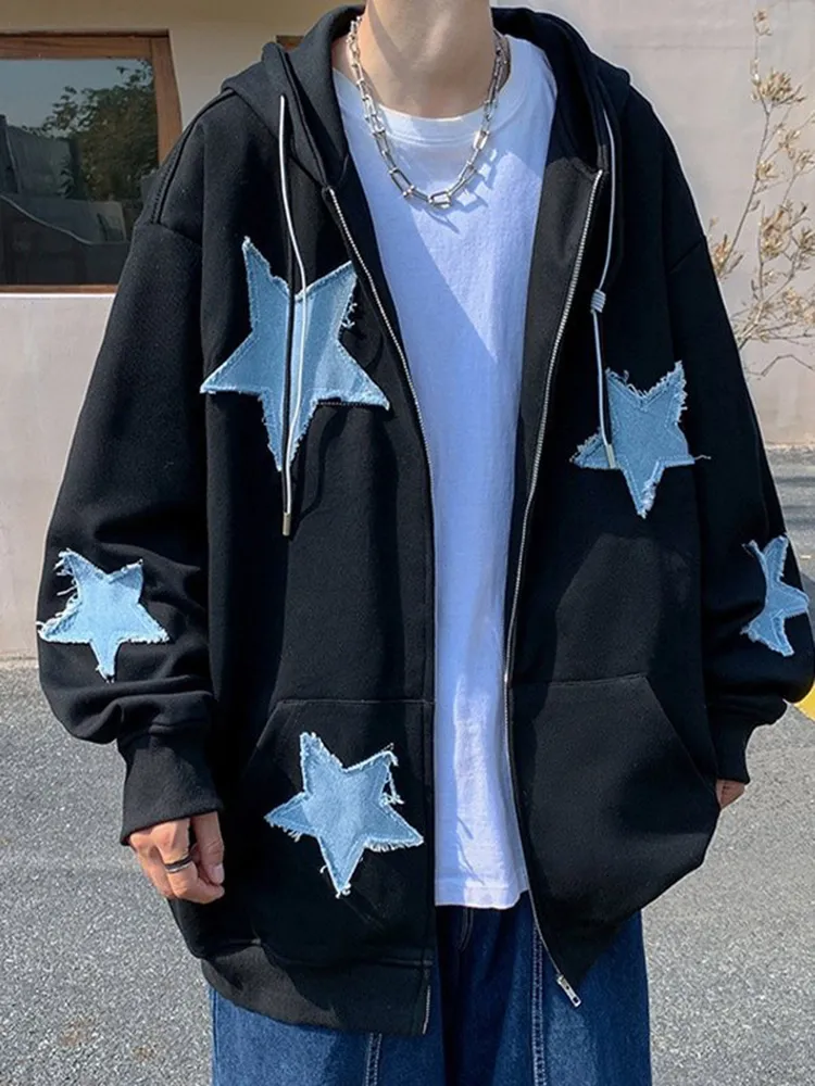 Mens Jackets Fashion Y2k Jacket Coat Harajuku Star Patch Zipper Oversized Hoodies Streetwear Hip Hop Gothic Loose Pocket Man Sweatshirts 230731