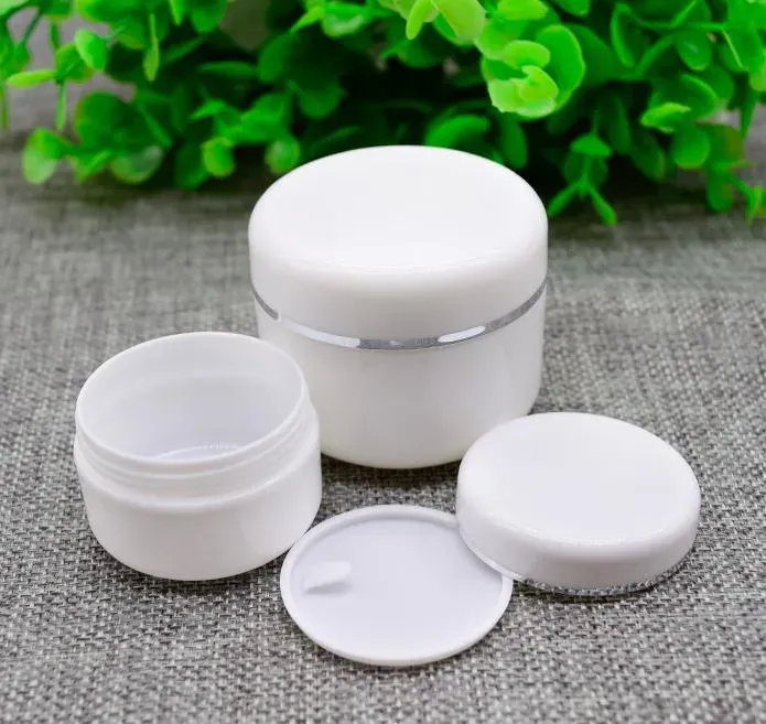 20 50 100 250ML Empty White Silver Edge Portable Refillable Plastic Cosmetic Makeup Face Cream Jar Sample Container Bottle Pot SN1624