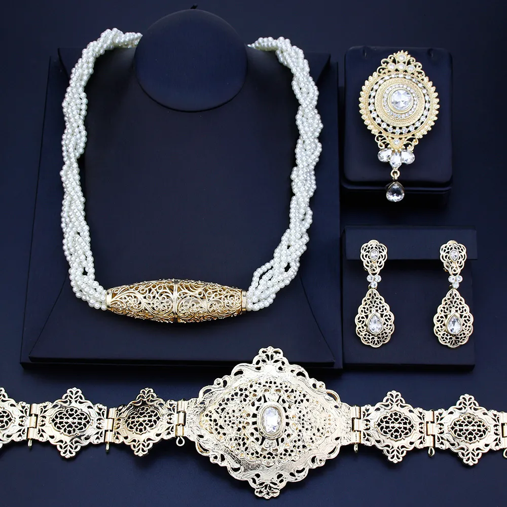 Wedding Jewelry Sets Sunspicems Chic Morocco Bride Jewelry Sets Women Caftan Belt Beads Choker Necklace Crystal Brooch Drop Earring Algeria Bijoux 230729