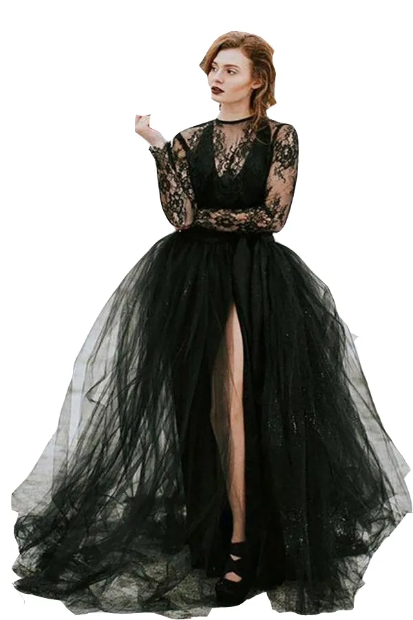 long black lace boho dress Black Boho Plunging Lace Tulle Wedding Dress Light Ivory / Nude Pink main image 1