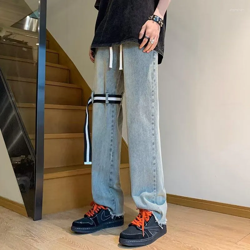 Men's Jeans 2023 Strap Design Drawstring Men Baggy Pants Y2K Streetwear Tracksuit Sweatpants Male Hip Hop Long Trousers Pantalon Homme