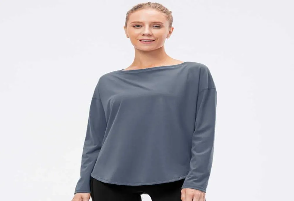 Women039s One Line Neck Tops Sports Long Sleeve Loose Nude Yoga Clothes Fitness Running Top Workout Casual Gym Shirt5904189