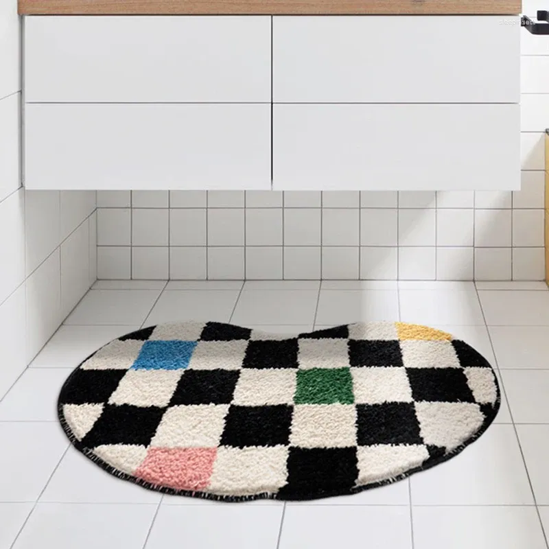 Carpets Bathroom Rug Bean Shape Grid Mat Fluffy Entrance Carpet Area Floor Pad Doormat Tidy Aesthetic Home Room Decor Rugs