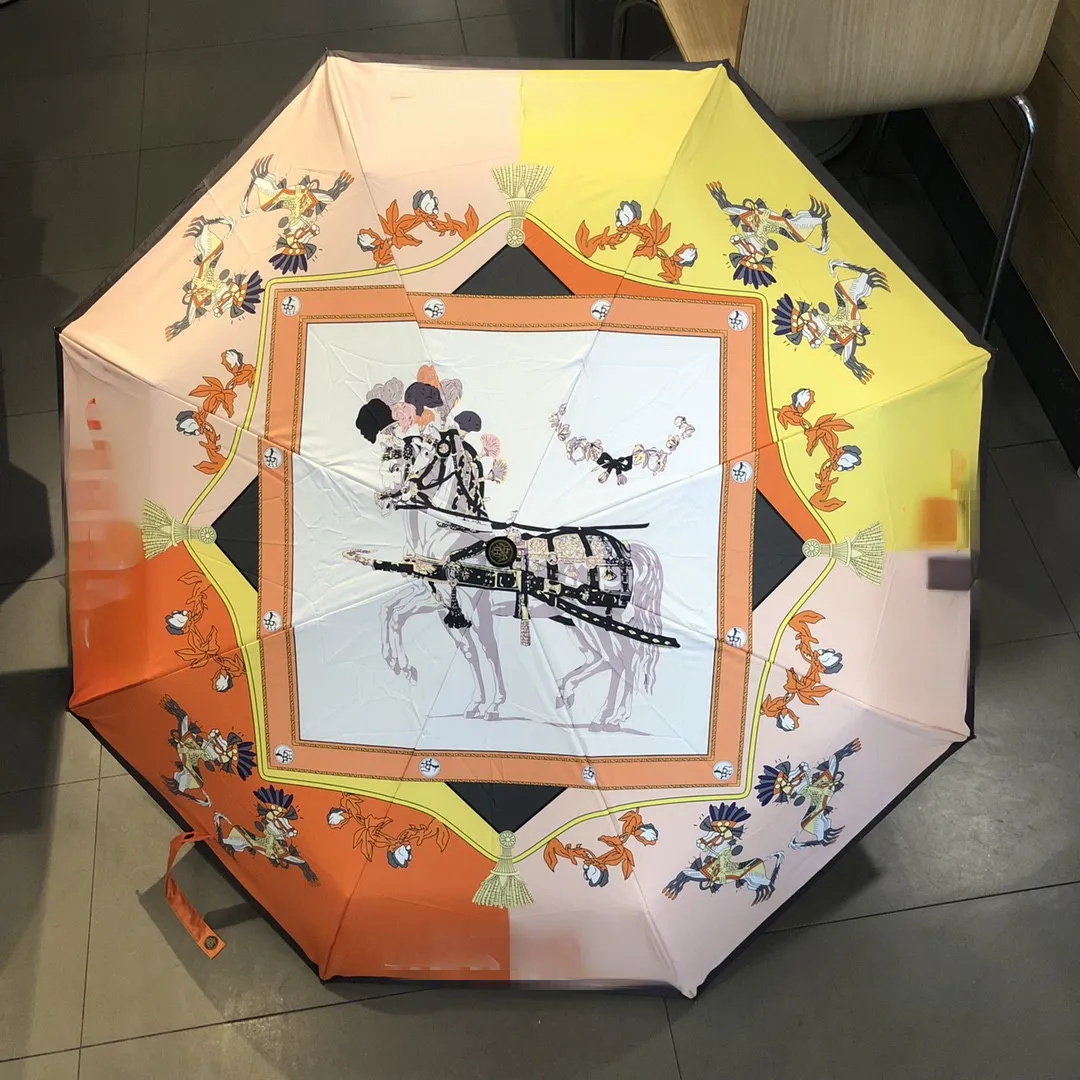 New Automatic Double Horse 3-Fold Umbrella Vinyl Coating Parasol Anti-UV Umbrella Rain and Rain Dual-Use