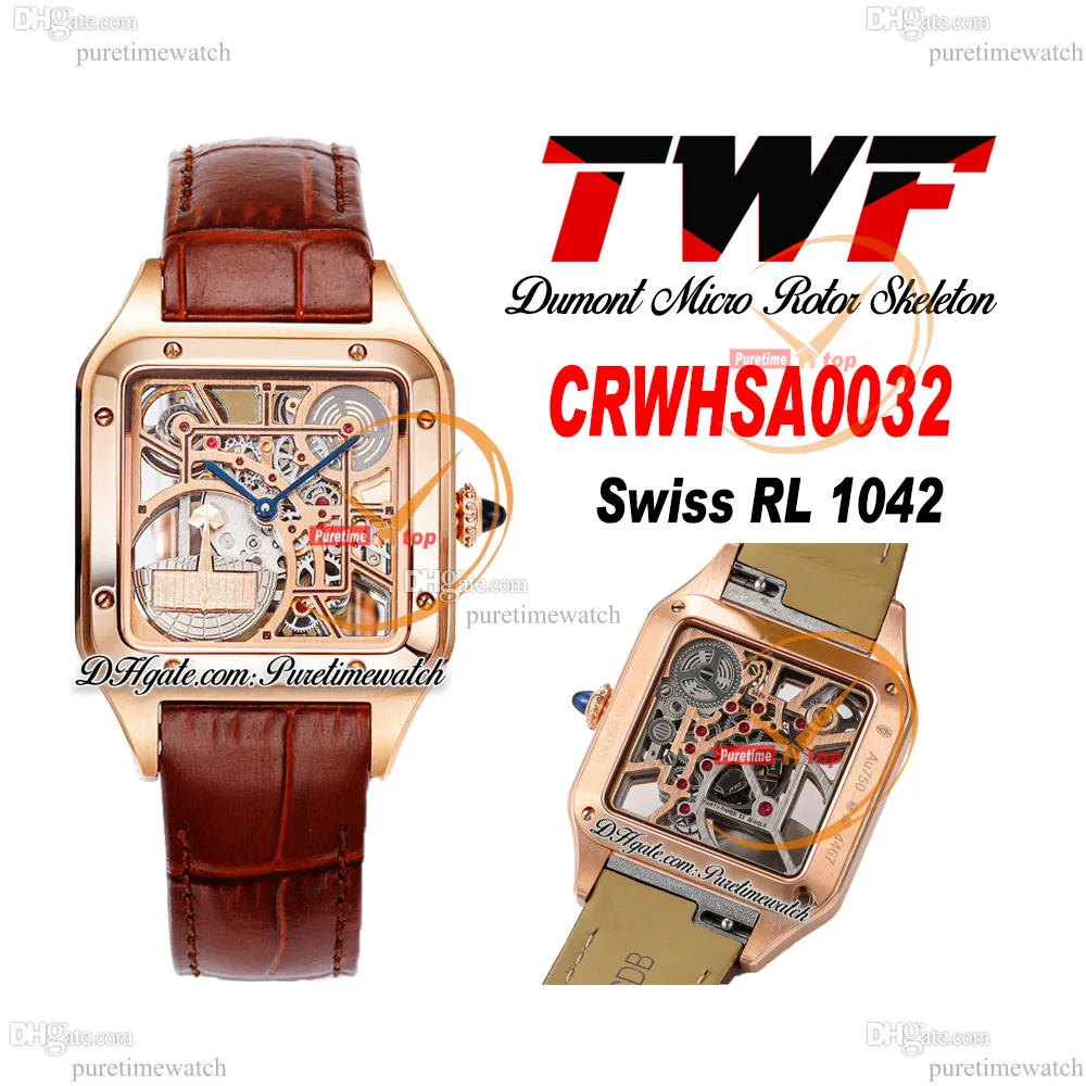 TWF DUMONT MICRO ROTOR CRWHSA0032 스위스 론다 쿼츠 남성은 시계 로즈 골드 골격 다이얼 브라운 가죽 스트랩 슈퍼 버전 에디션 PURETIMEWATCH MONTRE HOMMES C3