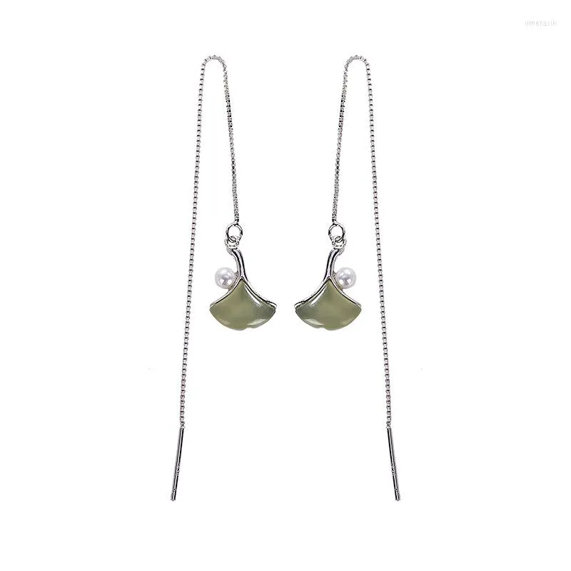 Boucles d'oreilles pendantes S925 en argent sterling Hetian gris jade perle oreille chaîne rétro personnalisé feuille de ginkgo dame tempérament boucle d'oreille goutte