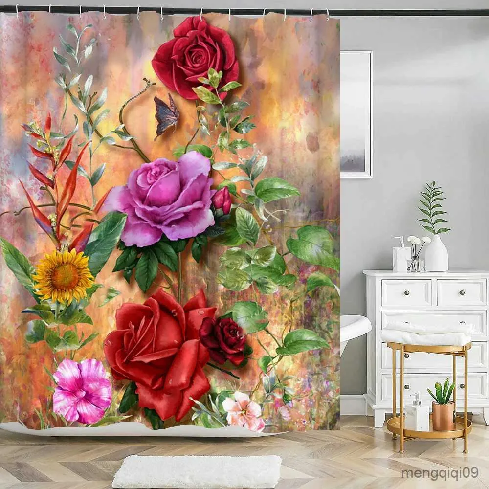Zasłony prysznicowe Butterfly Czerwone róże i kwiaty Drukuj Zestaw zasłony prysznicowej przeciwpoślizgowe dywany do kąpieli Mata Łazienka Dekoracja R231101