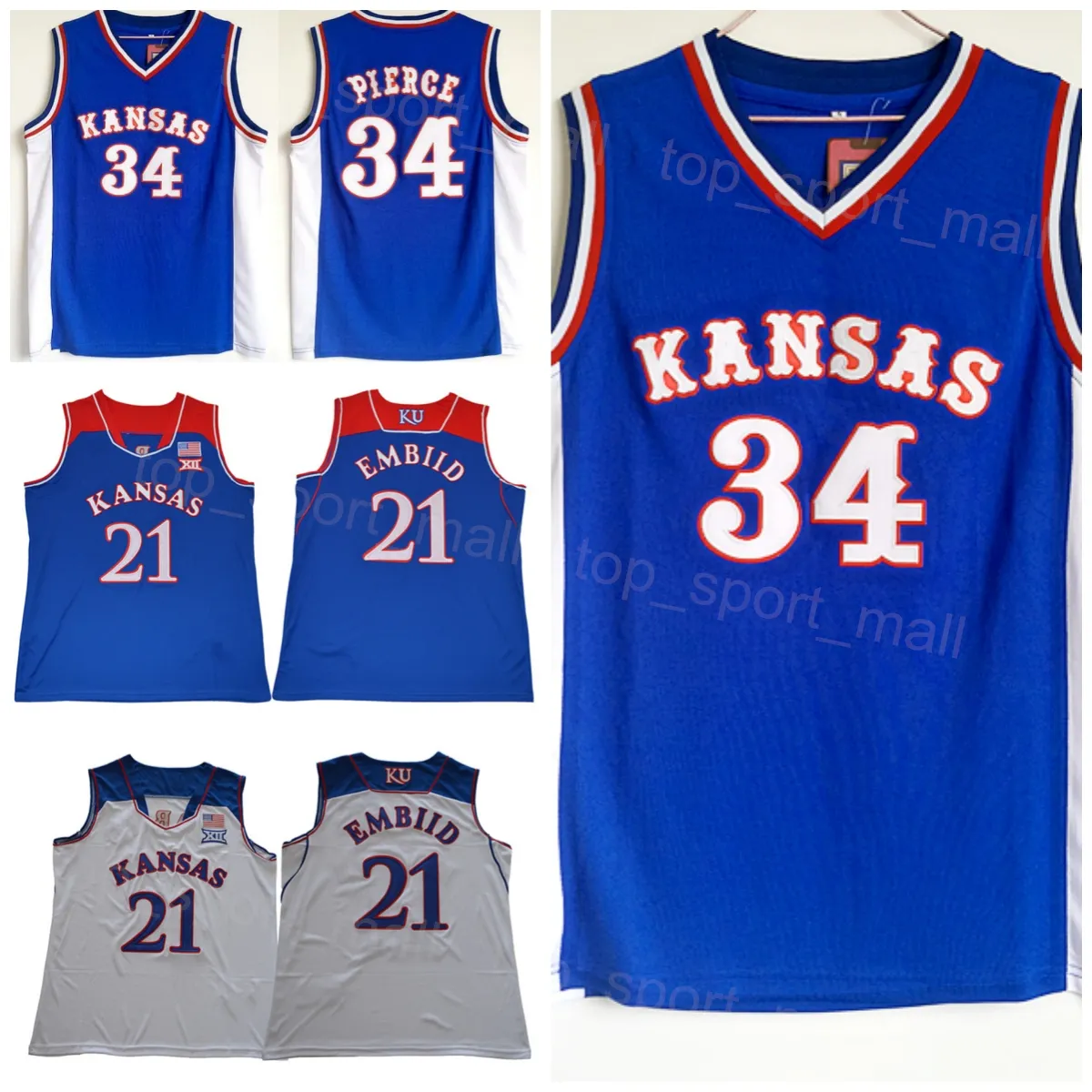 Kansas Jayhawks Jersey College Basketball Joel Embiid 21 Paul Pierce 34 University All Stitched Team Couleur Bleu Blanc Respirant Pour les fans de sport Pur coton NCAA